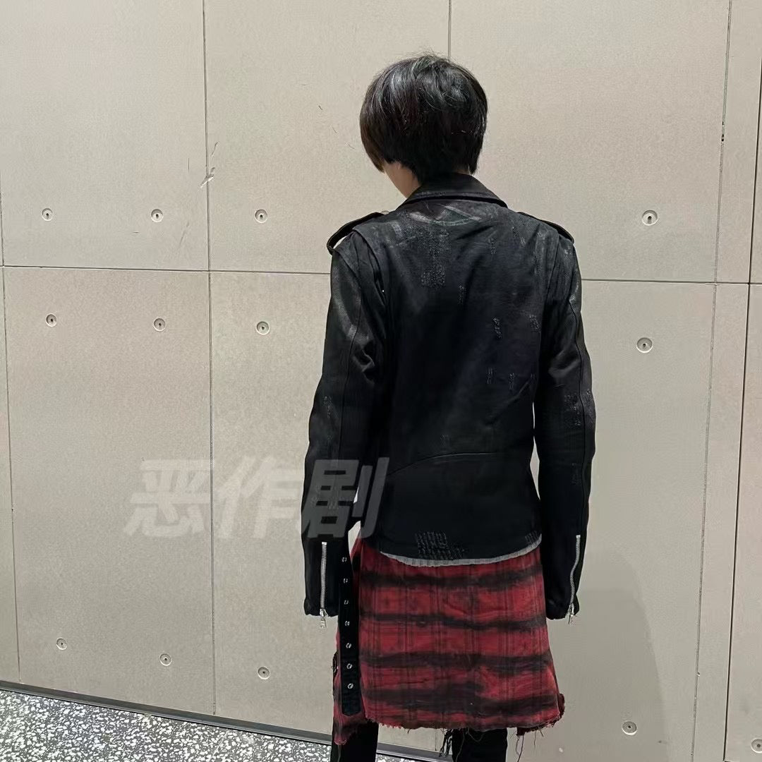 Self-made AMIRI 16SS Heavyweight Waxed Biker Jacket - Slim Waist Zip Fit High-Street