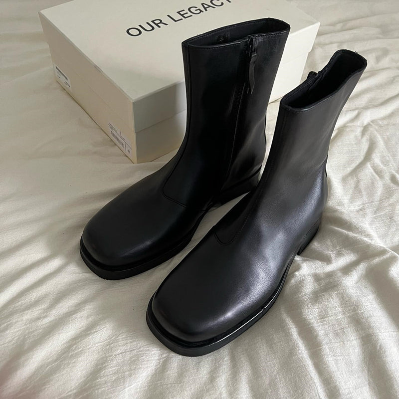 Our Legacy Black Leather Mid-Calf Chelsea Boots High-End Unisex Short Boots