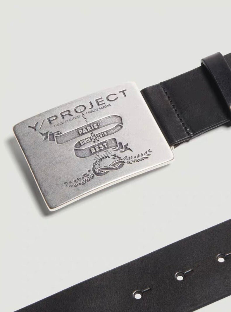 Self-made Y/Project 23SS Runaway Distressed Silver Plaque Genuine Leather Belt