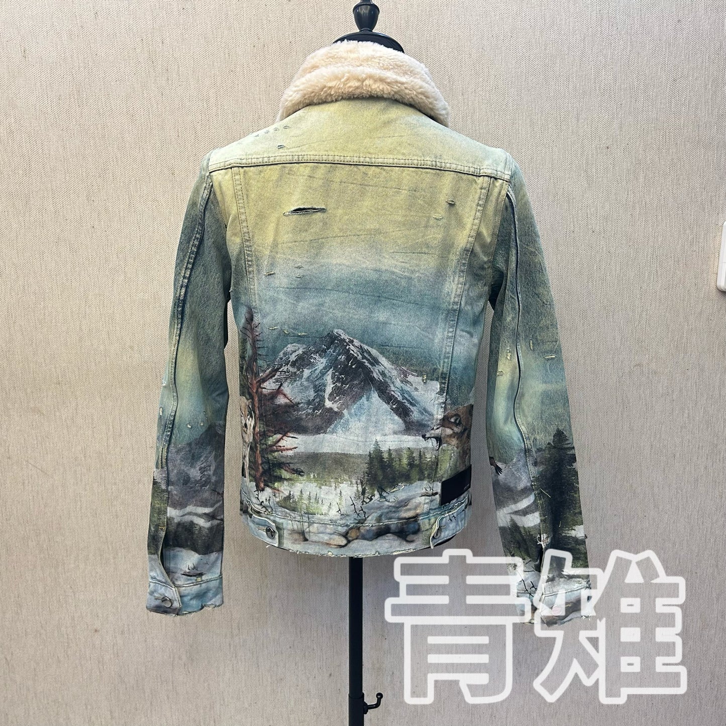 Self-made AMIRI 18AW Snow Wolf Graffiti Jacket - Shearling Collar Waxed High-Street