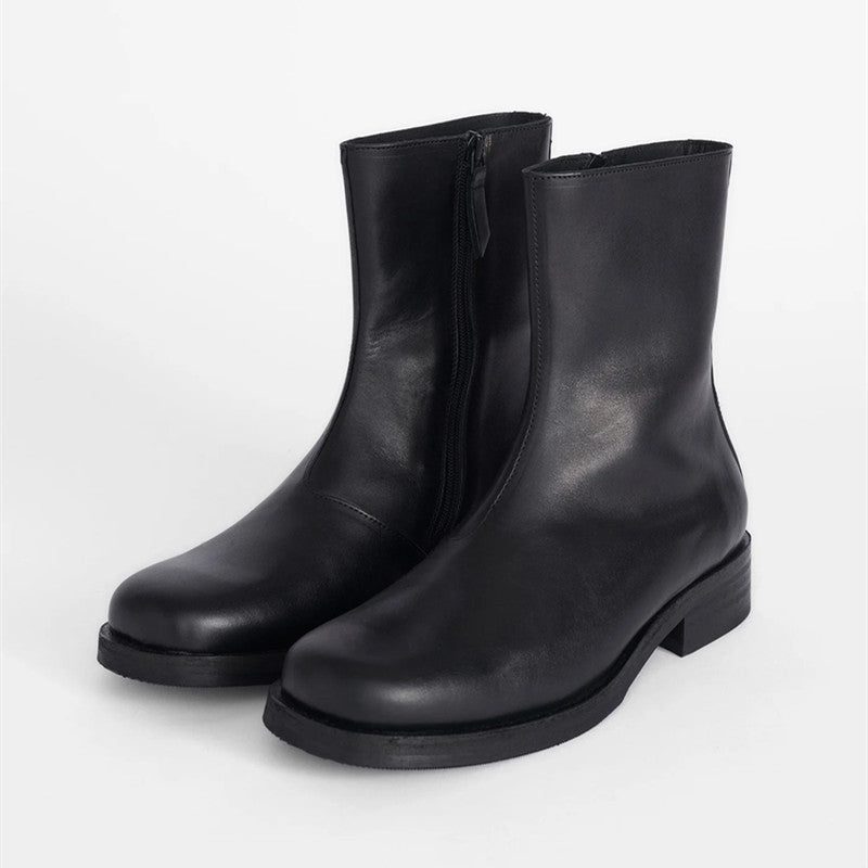 Our Legacy Black Leather Mid-Calf Chelsea Boots High-End Unisex Short Boots