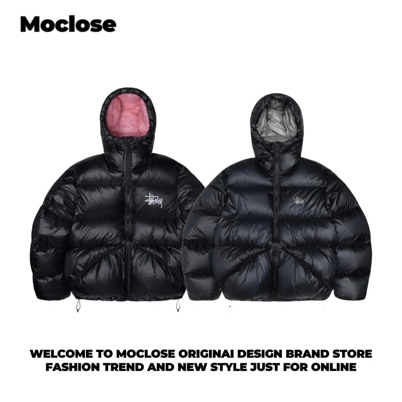 Self-made STUSSY 23FW Micro Ripstop Down Parka Black Pink Solid Color Zip Hooded Down Jackets