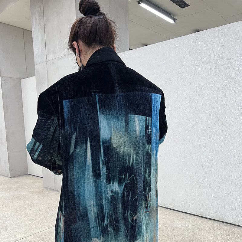 Donclickin Yohji Yamamoto Dead Sea Print Lake Blue Velvet Corduroy Trench Coat