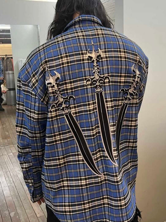 ThugClub 24FW Vintage Plaid Jacket - Sword Embroidery Distressed Checkered Shirt