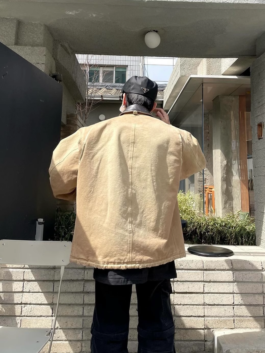 24SS Goatskin Patchwork Workwear Jacket with Leather Collar-Oversized Silhouette