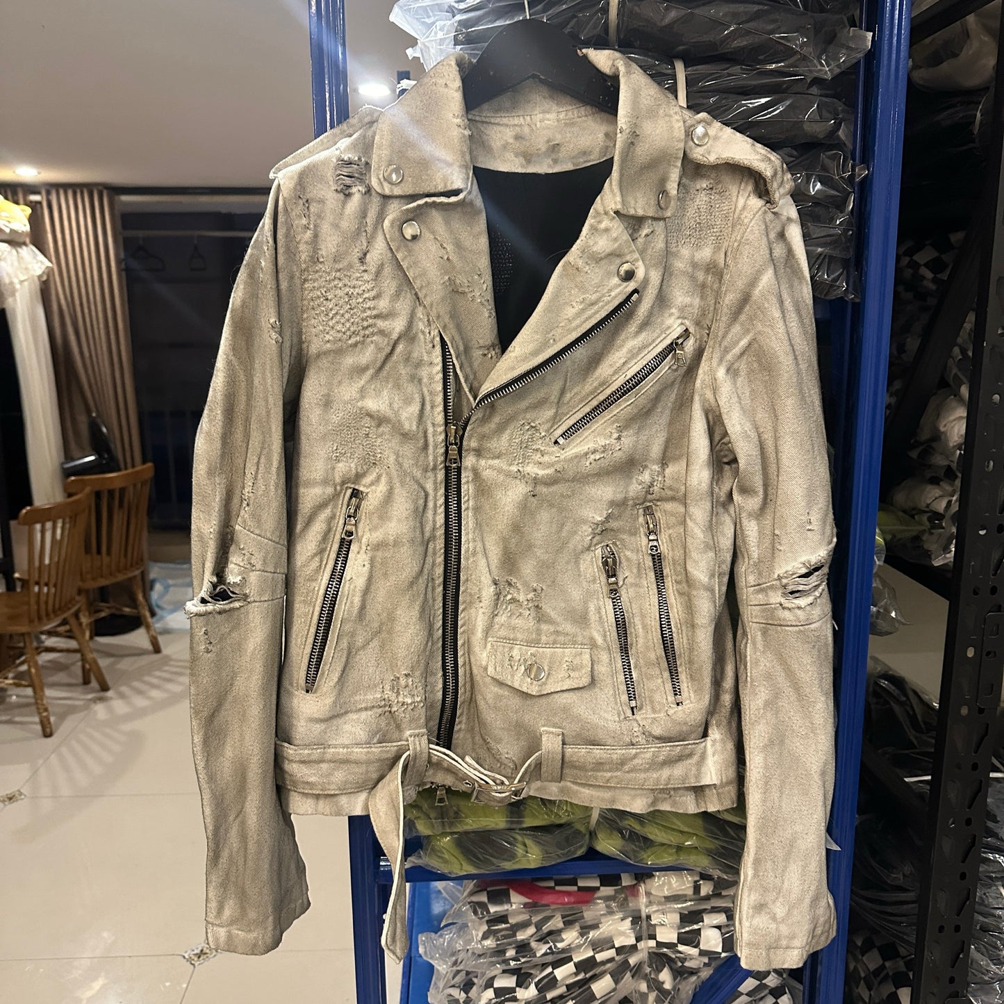 Self-made AMIRI 15OG Slim-Waist Destroyed Motorcycle Denim Washed White Jackets