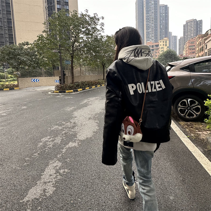 Self-made Vetements Motorcycle Leather Jacket Polizei Wild Man Biker Letter Print