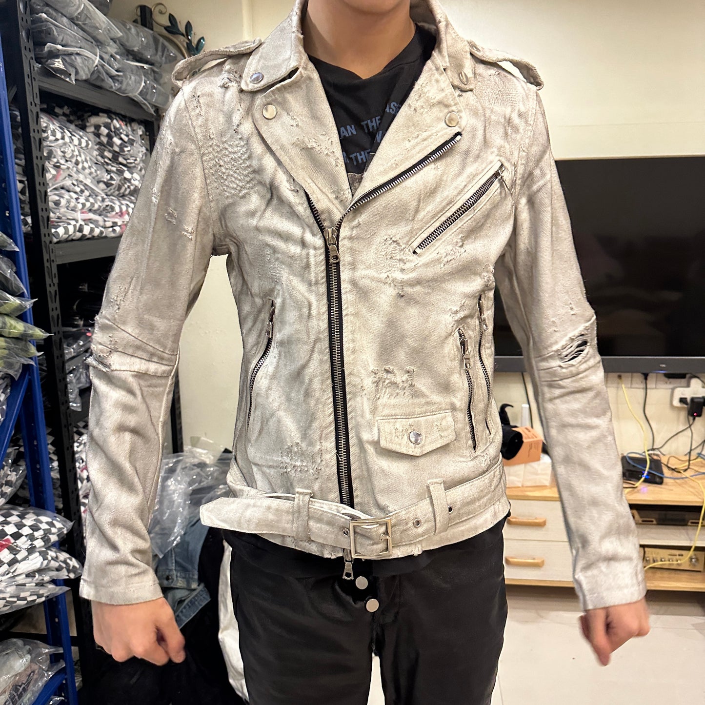 Self-made AMIRI 15OG Slim-Waist Destroyed Motorcycle Denim Washed White Jackets
