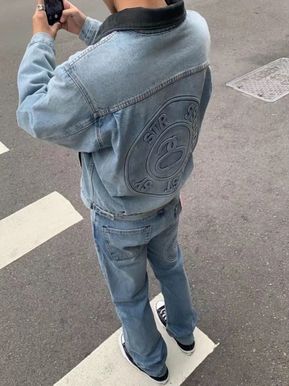 Self-made Stussy Embossed 8 ball Ｘ Levis Jacket Washed Denim Outerwear