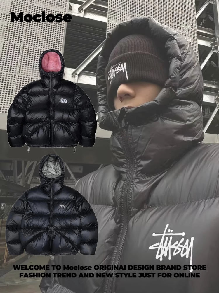 Self-made STUSSY 23FW Micro Ripstop Down Parka Black Pink Solid Color Zip Hooded Down Jackets