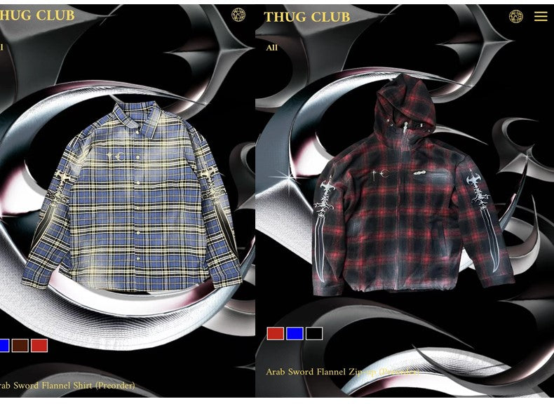 ThugClub 24FW Vintage Plaid Jacket - Sword Embroidery Distressed Checkered Shirt