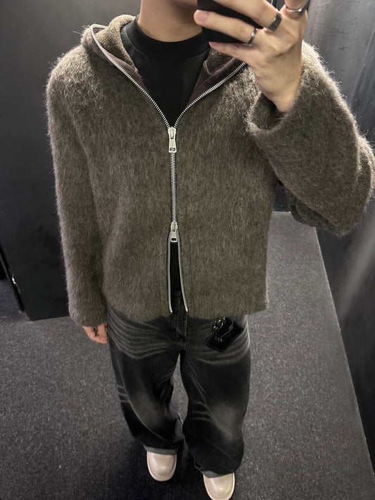 Self-made Our Legacy Grey Mohair Zip Cardigan – Wool Blend Relaxed Hooded Knit