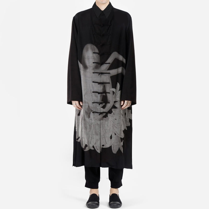 Self-made Yohji Yamamoto Dark Asura Lily Printed Mid-Length Shirt Button Closure