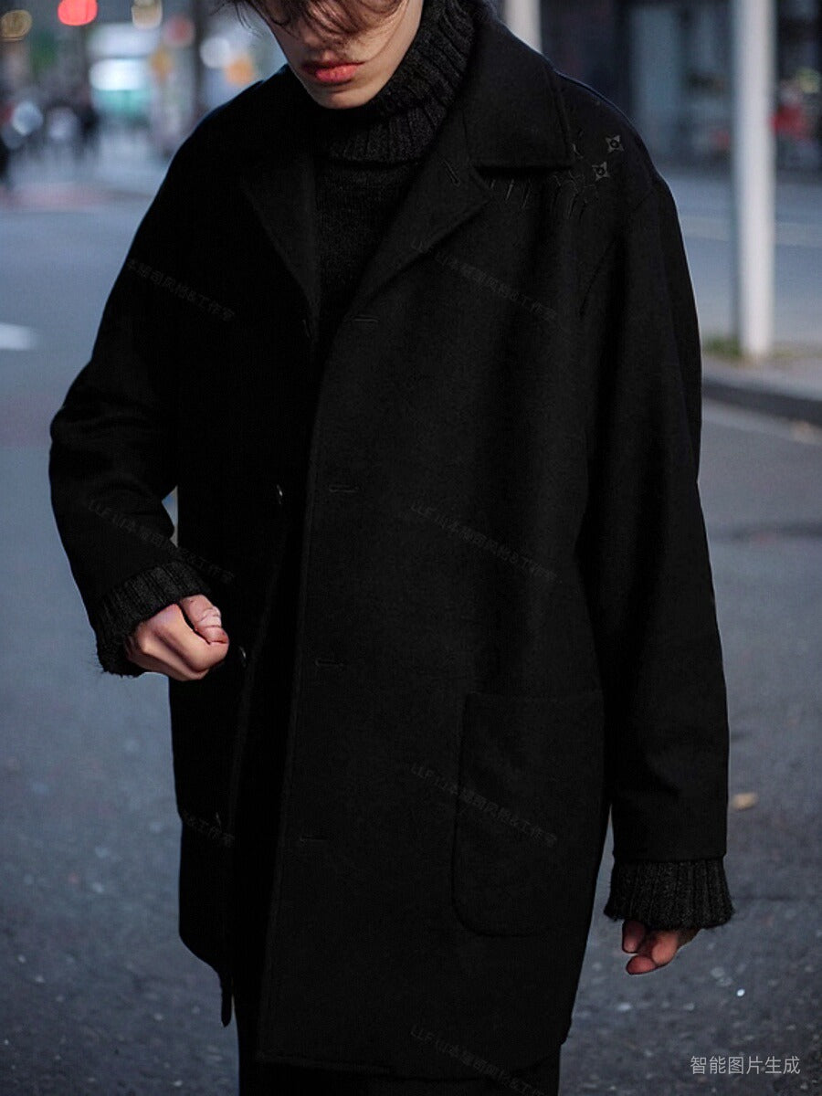 Self-made Yohji Yamamoto 23FW Dark Wool Coat – Heavy Embroidery Collection