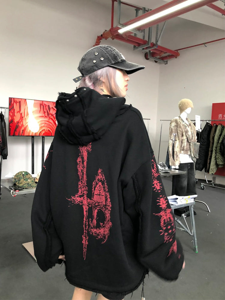 THUG CLUB Heavyweight Hoodie Dragon Spine Demon Print Studded Washed Zip-Up Jackets