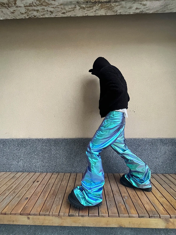 Rick Owen Acbt Coated Green Iridescent Flared Jeans - Wide-Leg Stacked Pants