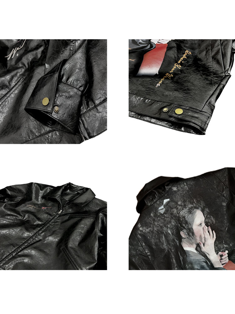 25SS Yohji Dark Vibe Dragonfly & Woman Ink Print Wrinkled Waxed Leather Jacket