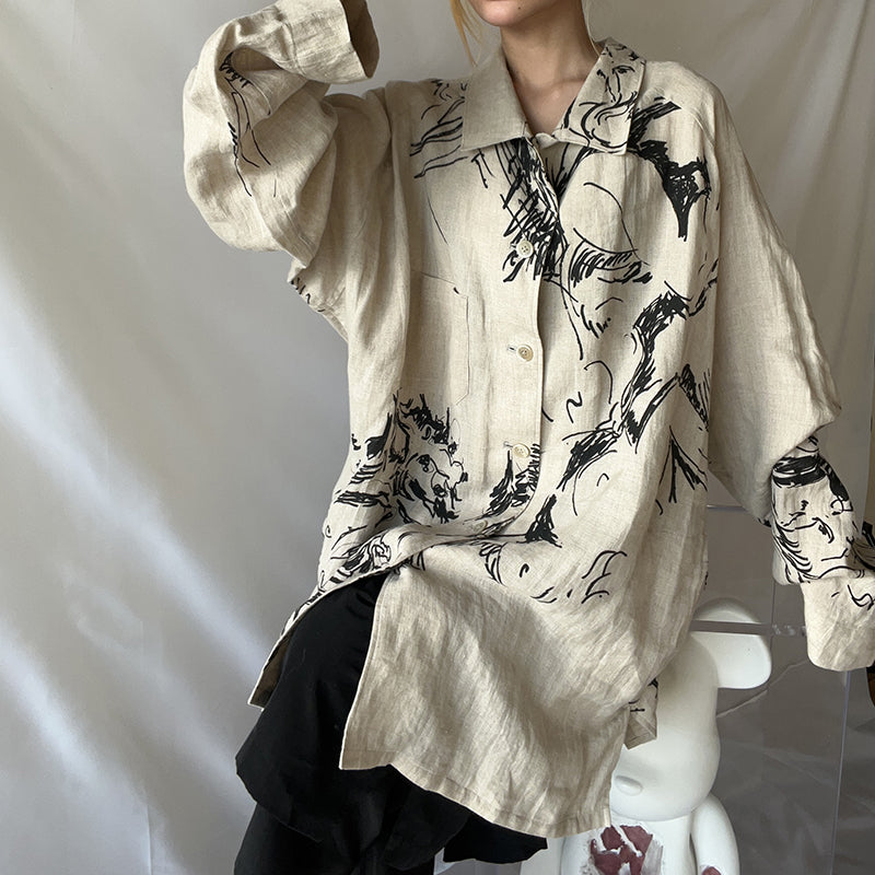 Self-made Yohji Linen Shirt – Yuuka Asakura Yamamoto Hand-Painted Beast Motif
