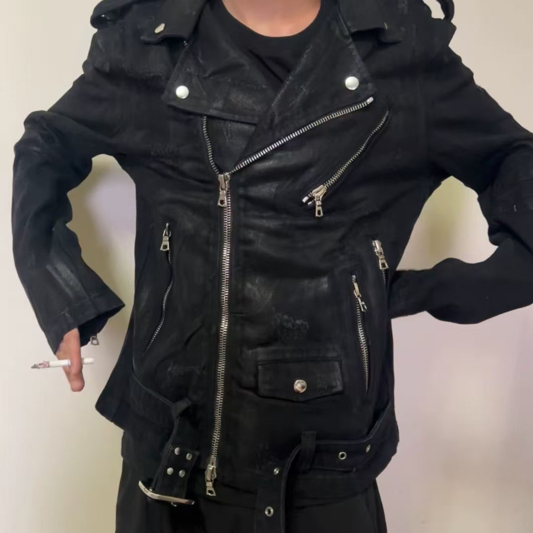 Self-made AMIRI 16SS Heavyweight Waxed Biker Jacket - Slim Waist Zip Fit High-Street