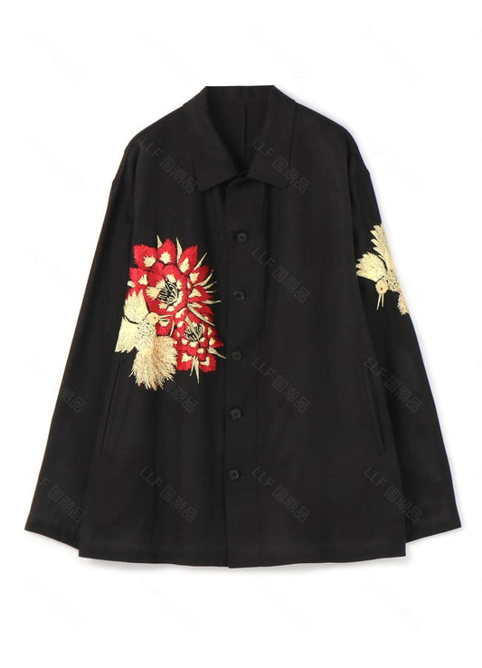 Self-made Yohji Yamamoto Hummingbird Embroidered Silk-Linen Jacket Long Sleeve