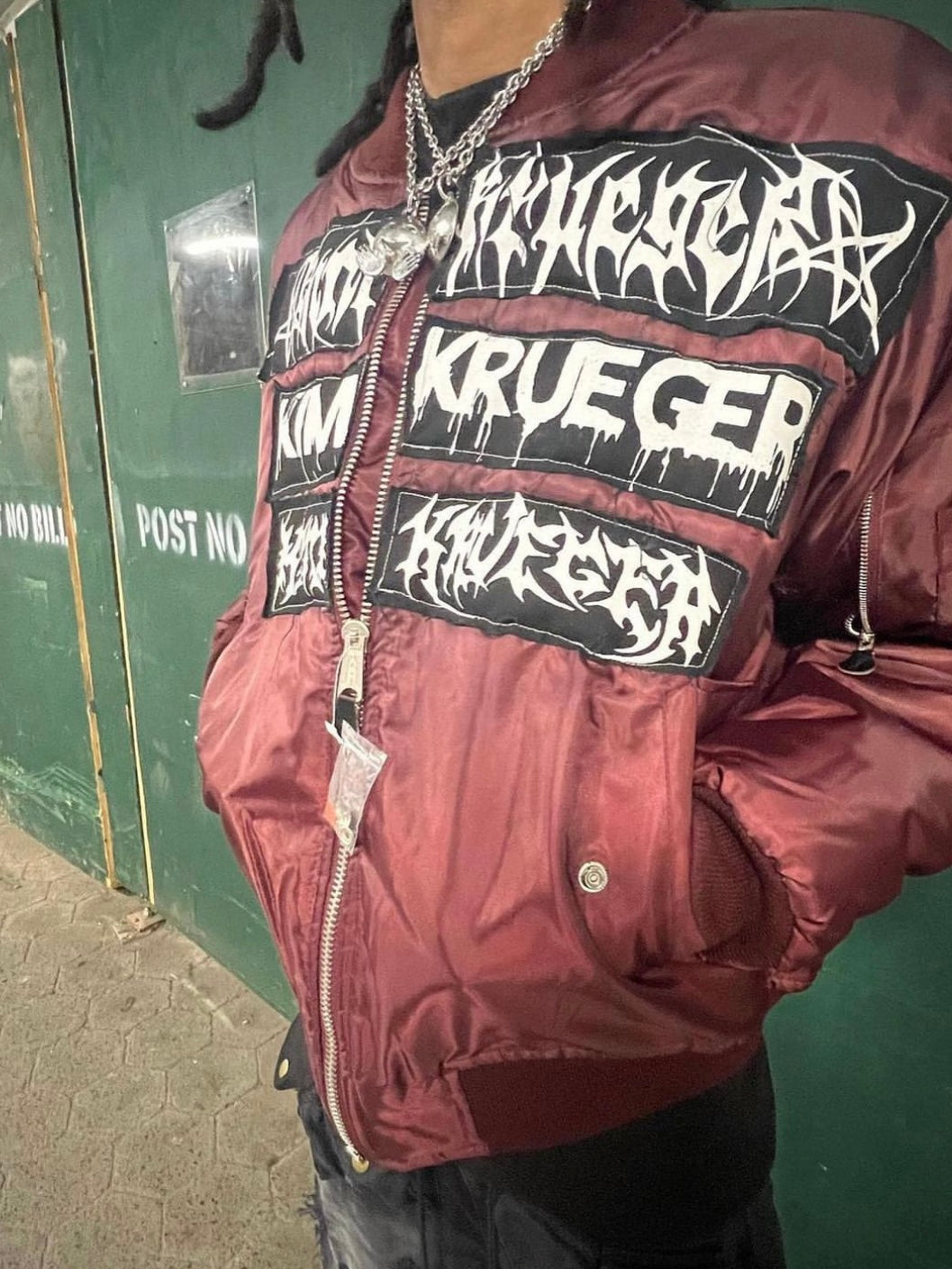 Kim Krueger Embroidered Patch Nylon Oversized Bomber Zip-Up Hooded Cotton Jacket