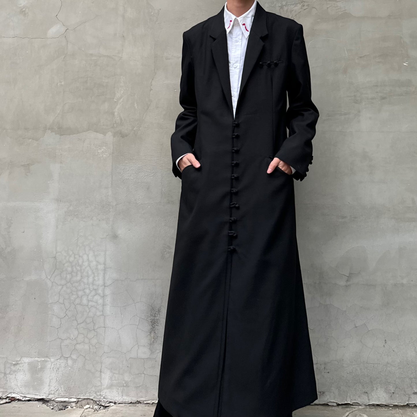 Donclick Yohji AW18 Monastic Collection Tuxedo-Wrap Fabric Buttons Wool Overcoat
