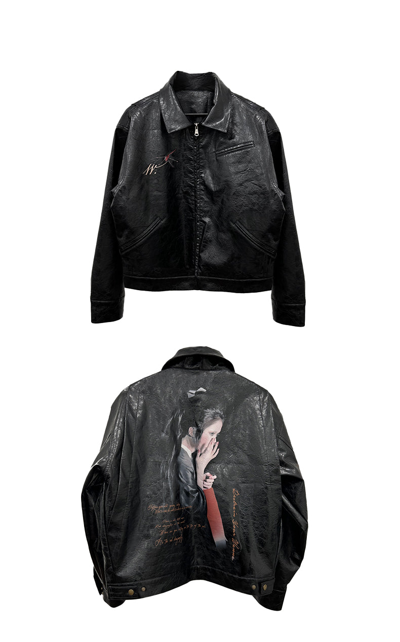 25SS Yohji Dark Vibe Dragonfly & Woman Ink Print Wrinkled Waxed Leather Jacket