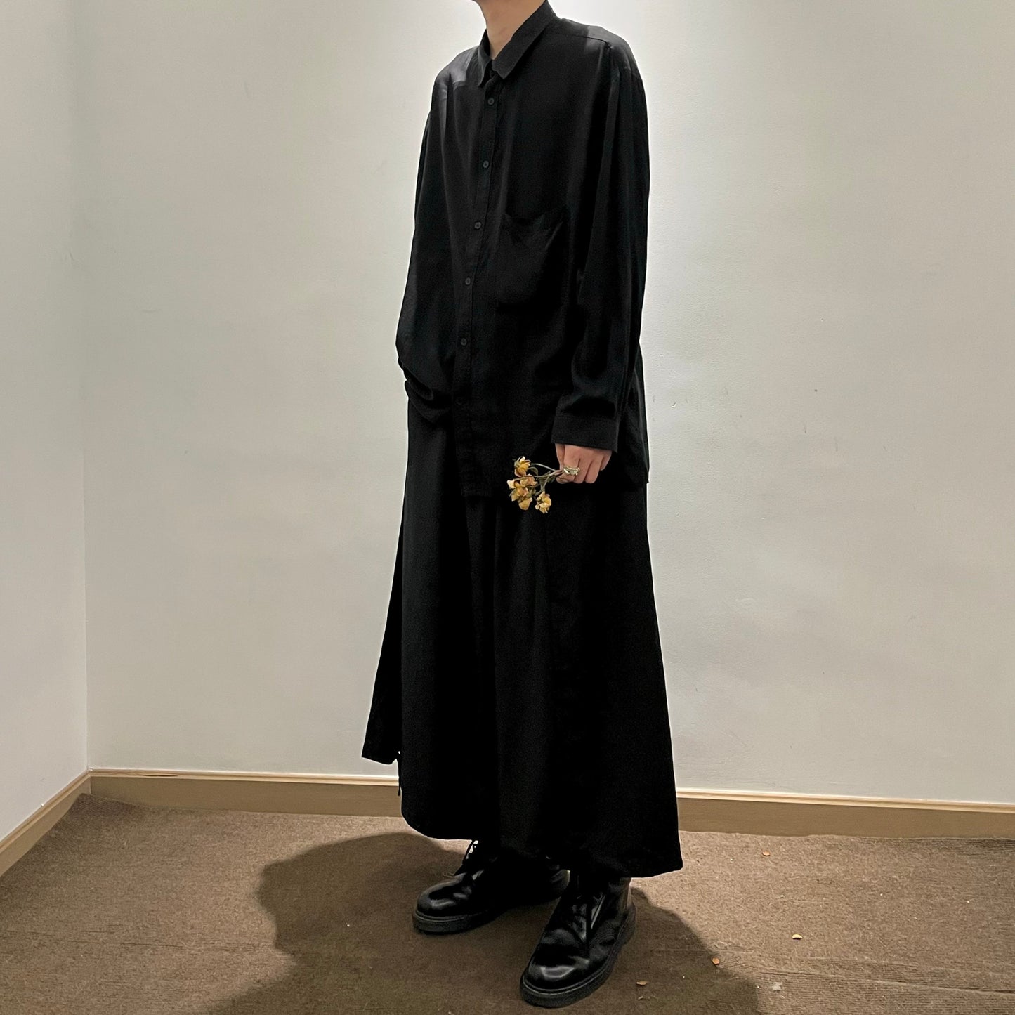 Self-made Yohji Yamamoto Dark Core Soft Rayon Base Layer Square-neck Black Shirt