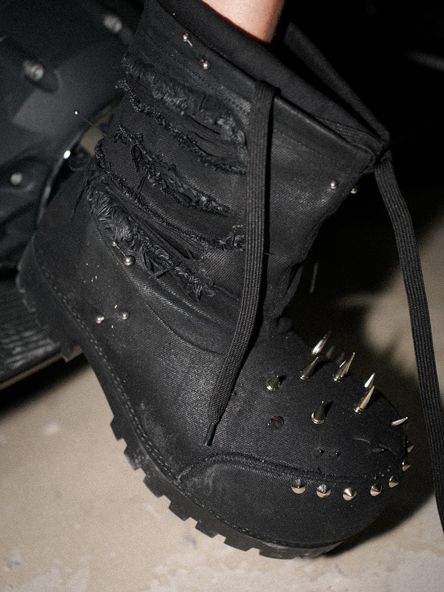 Remake 24FW Custom Waxed Distressed Perforated Denim Snow Boots Studded Toe