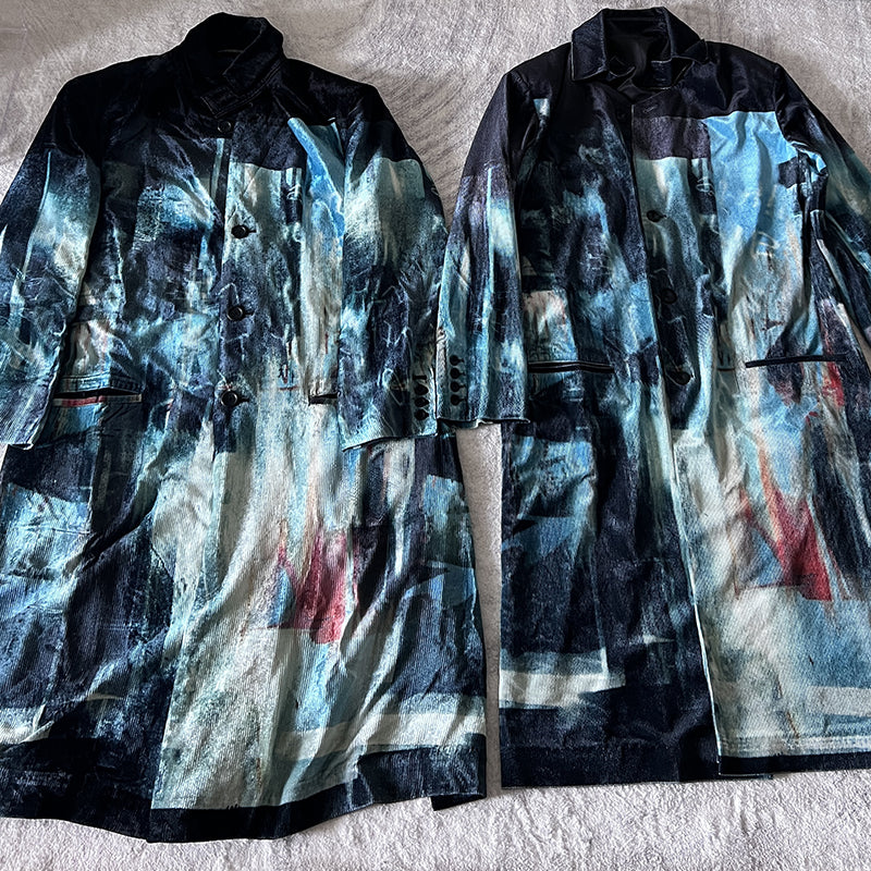 Donclickin Yohji Yamamoto Dead Sea Print Lake Blue Velvet Corduroy Trench Coat