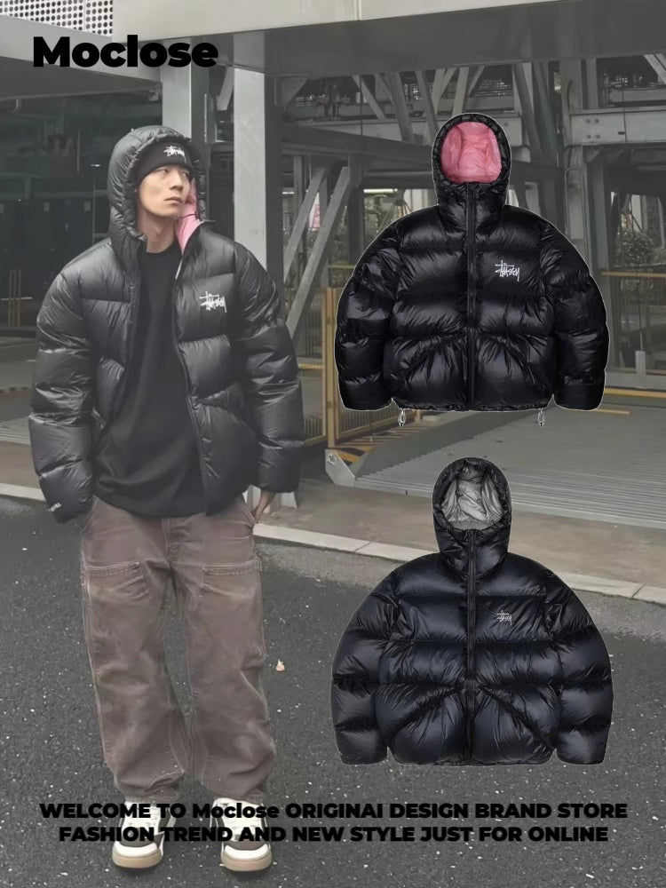 Self-made STUSSY 23FW Micro Ripstop Down Parka Black Pink Solid Color Zip Hooded Down Jackets