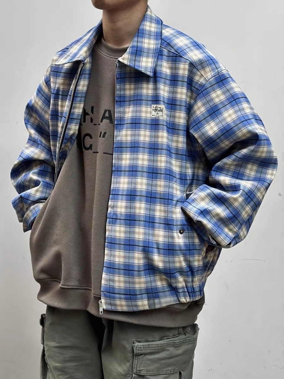 Stussy 24SS Blue Plaid Collared Coach Jacket – Retro Coats Casual Outerwear