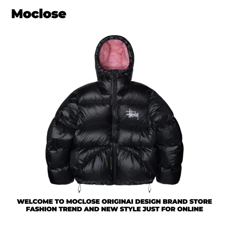 Self-made STUSSY 23FW Micro Ripstop Down Parka Black Pink Solid Color Zip Hooded Down Jackets