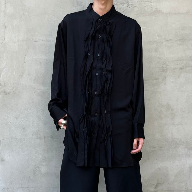 Yohji-Yamamoto Dark Pleated Torn Cotton Silk Blend Shirt Monochrome Palace Style