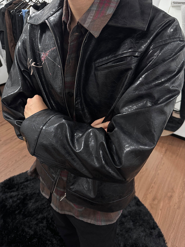 25SS Yohji Dark Vibe Dragonfly & Woman Ink Print Wrinkled Waxed Leather Jacket