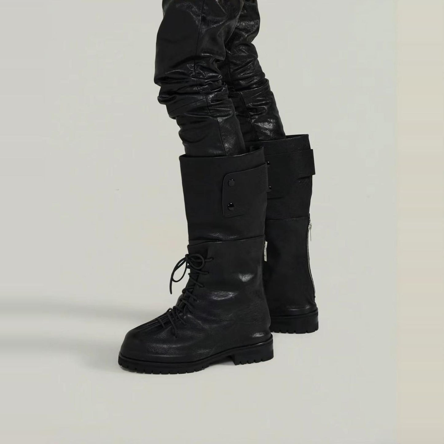 Self-made 424 Distressed Leather Slouch Boots Oversized Crinkled Biker High Boots