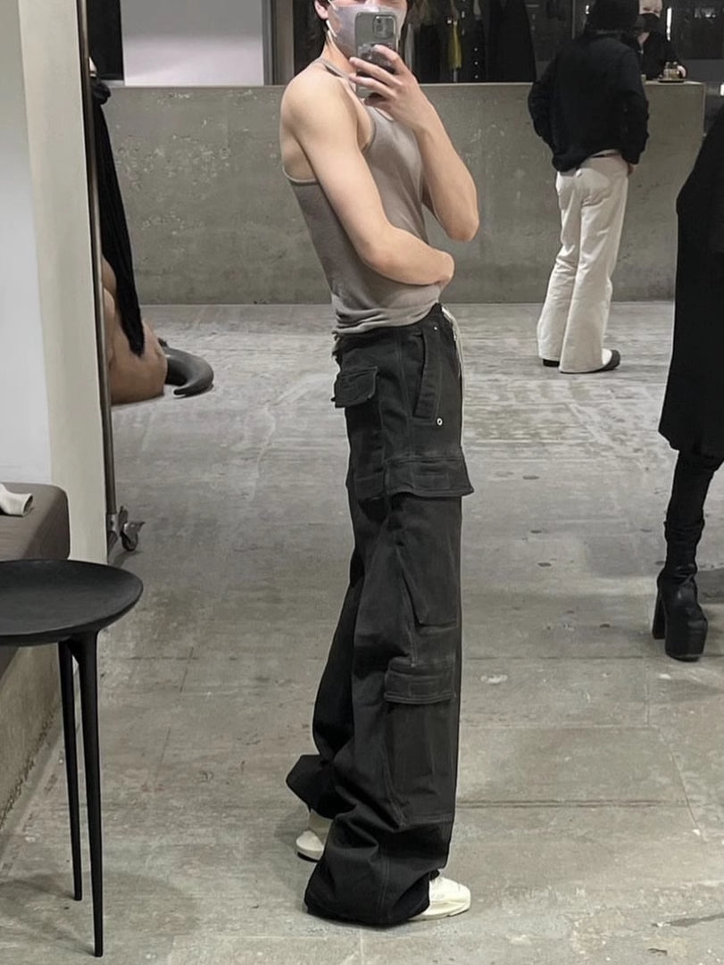 Self-made 23SS Rick Owen Wide-Leg Washed Gray Jeans Ash Gray Unisex Cargo Pants