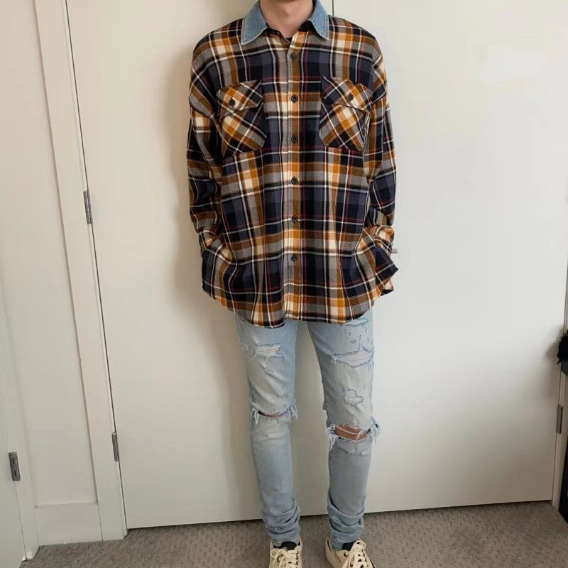 Fear of God 5th Season Wool Yellow Plaid Shirt Jacket Denim Collar Cashmere Lining