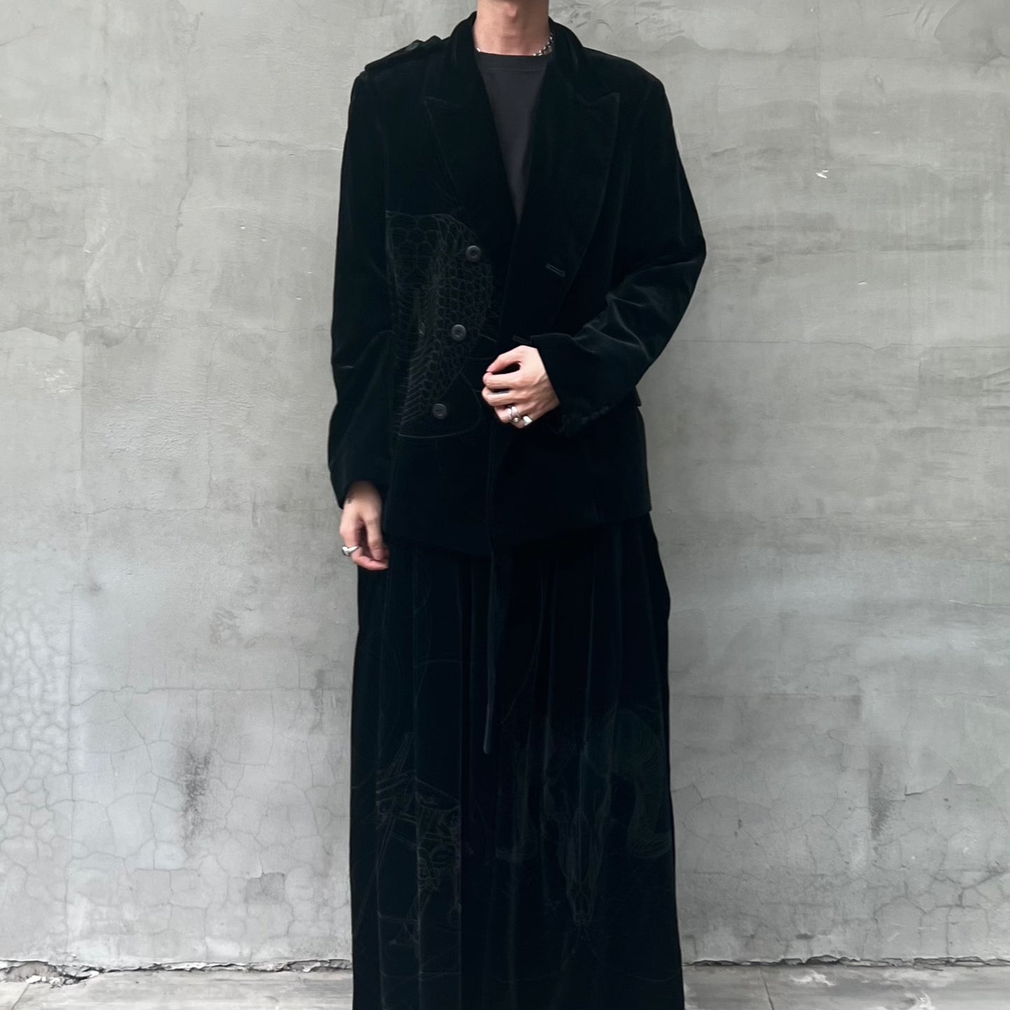 Self-made Yohji Yamamoto Velvet Family Crest Serpent Emblem Jacket - Skirt Suit