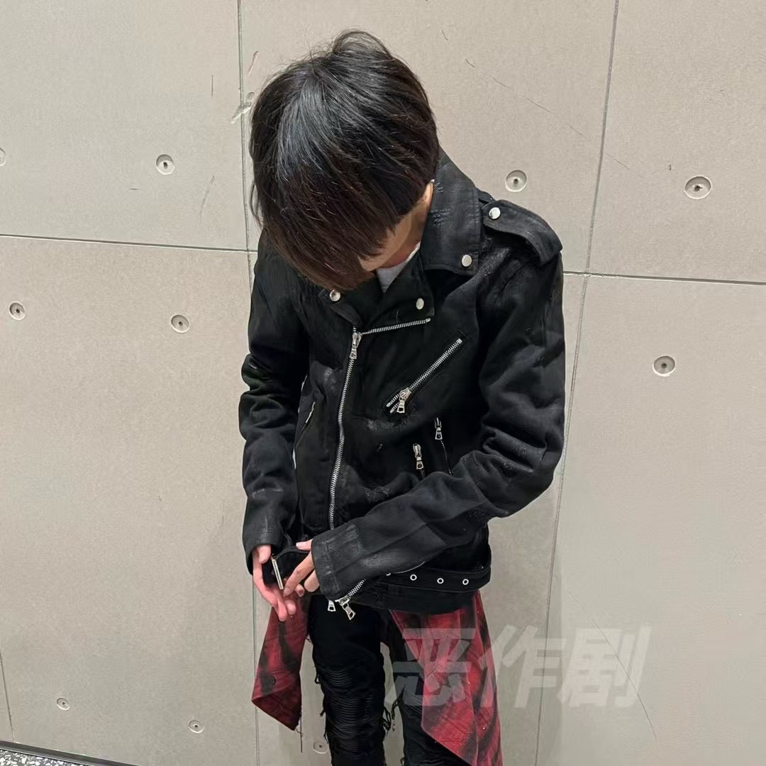 Self-made AMIRI 16SS Heavyweight Waxed Biker Jacket - Slim Waist Zip Fit High-Street