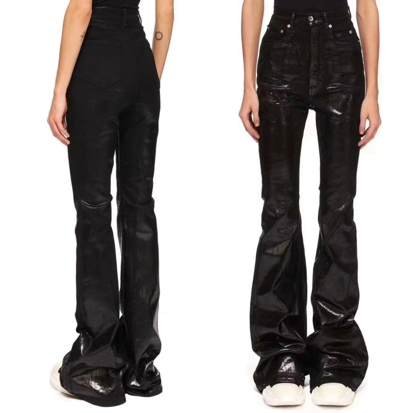 Self-made Rick Owen ACBT Dark Waxed Black Denim Pants – High Stretch Flared Wide-Leg Trousers