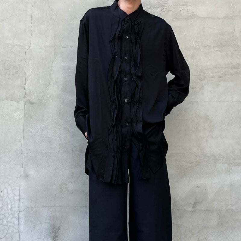 Yohji-Yamamoto Dark Pleated Torn Cotton Silk Blend Shirt Monochrome Palace Style