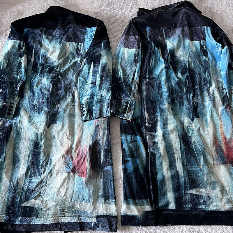 Donclickin Yohji Yamamoto Dead Sea Print Lake Blue Velvet Corduroy Trench Coat