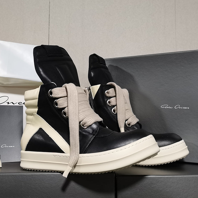 Self-made Rick Owen Reverse Triangle High-Top Leather Shoes Thick SoleSneakers Short Boots