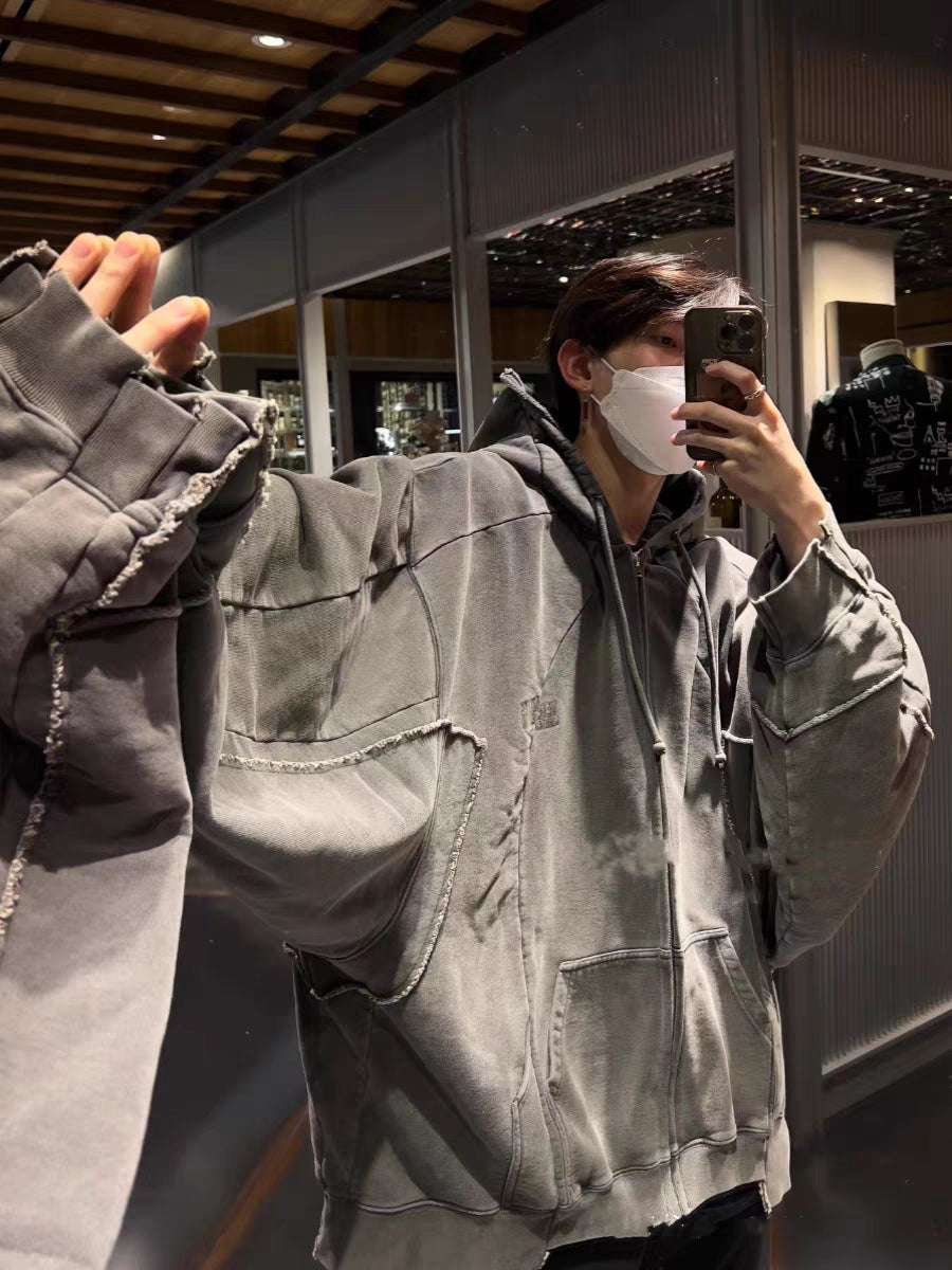 Self-made Vetements 23FW Heavy Washed Distressed Deconstructed Zip Hoodie