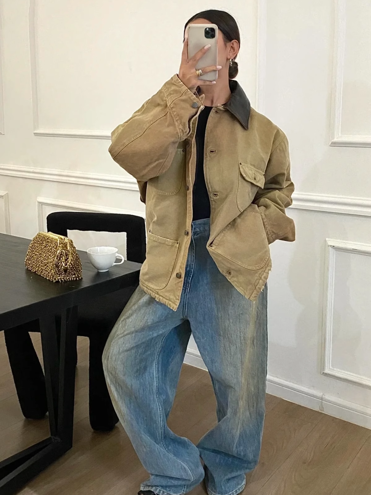 24SS Goatskin Patchwork Workwear Jacket with Leather Collar-Oversized Silhouette