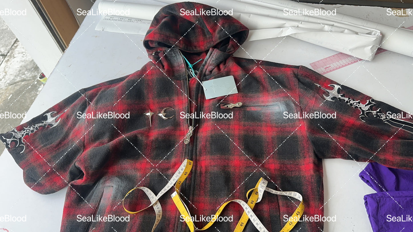 Thug Club Red Sacred Sword Embroidered Flannel Hoodie – Oversized Zip-Up Multi-Pocket