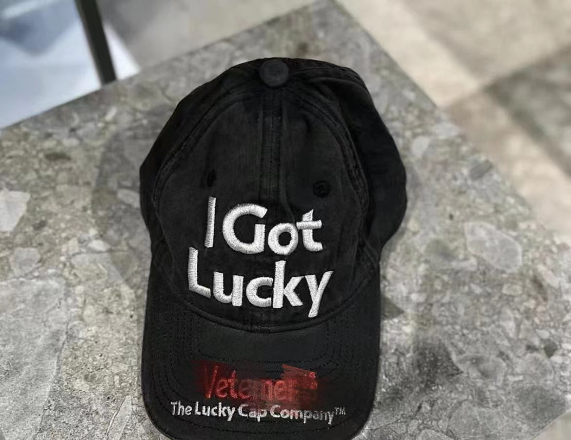 Vetements 22FW Washed Gray Embroidered Baseball Cap "I Got Lucky" Long Brim Hat