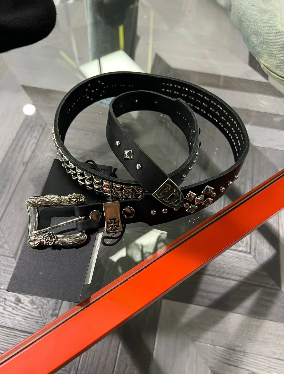 ERD 23FW Melancholy Rose Iron Cross Punk Belt - Studded Full-Grain Leather