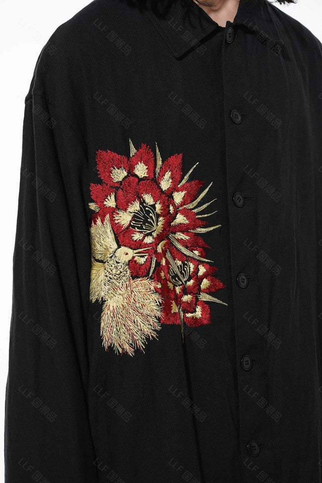 Self-made Yohji Yamamoto Hummingbird Embroidered Silk-Linen Jacket Long Sleeve